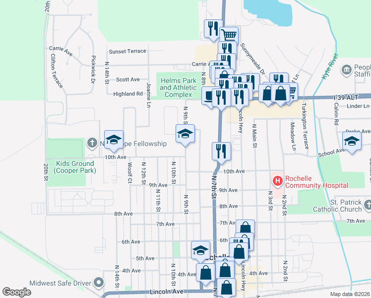 map of restaurants, bars, coffee shops, grocery stores, and more near 1050 North 9th Street in Rochelle