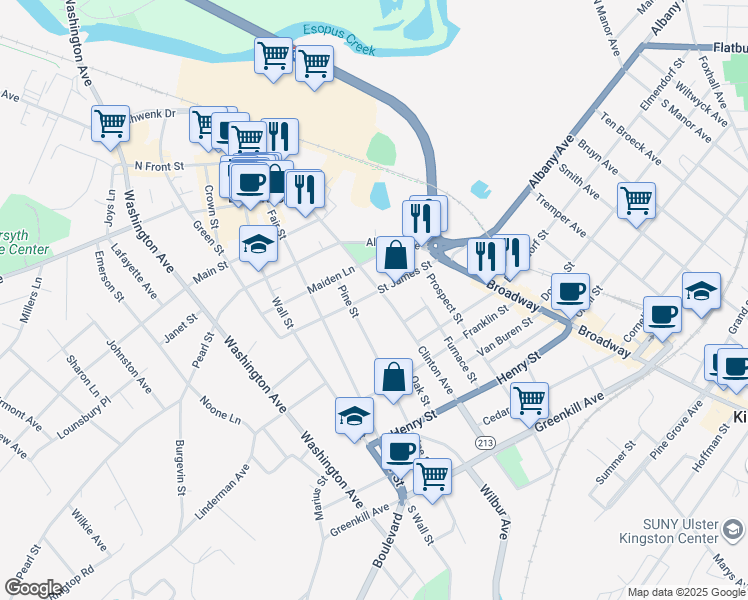 map of restaurants, bars, coffee shops, grocery stores, and more near 74 Saint James Street in Kingston