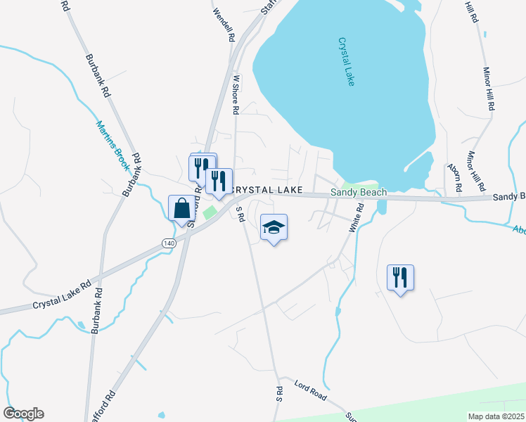 map of restaurants, bars, coffee shops, grocery stores, and more near 284 Sandy Beach Road in Ellington