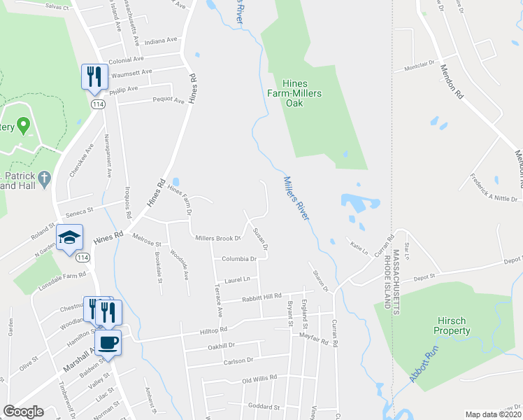 map of restaurants, bars, coffee shops, grocery stores, and more near 34 Millers Brook Drive in Cumberland