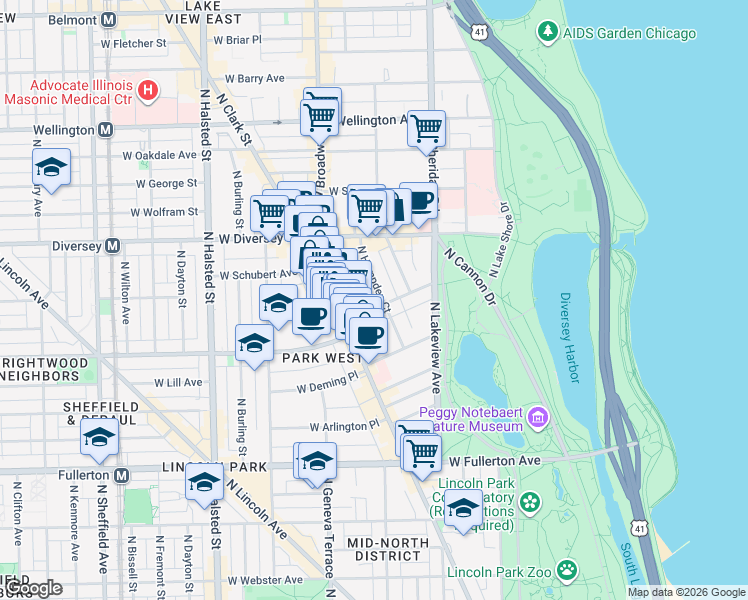 map of restaurants, bars, coffee shops, grocery stores, and more near 2700 North Hampden Court in Chicago
