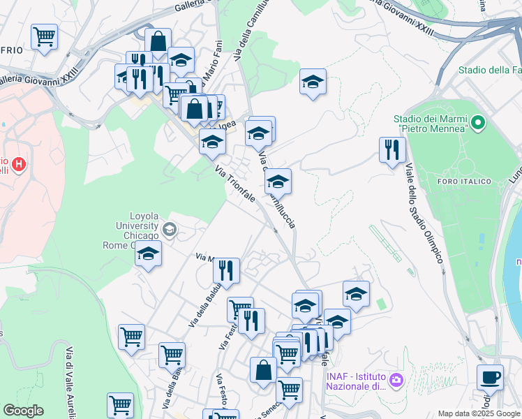 map of restaurants, bars, coffee shops, grocery stores, and more near 6446-6592 Via Trionfale in Rome