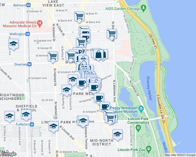 map of restaurants, bars, coffee shops, grocery stores, and more near 2714 North Hampden Court in Chicago