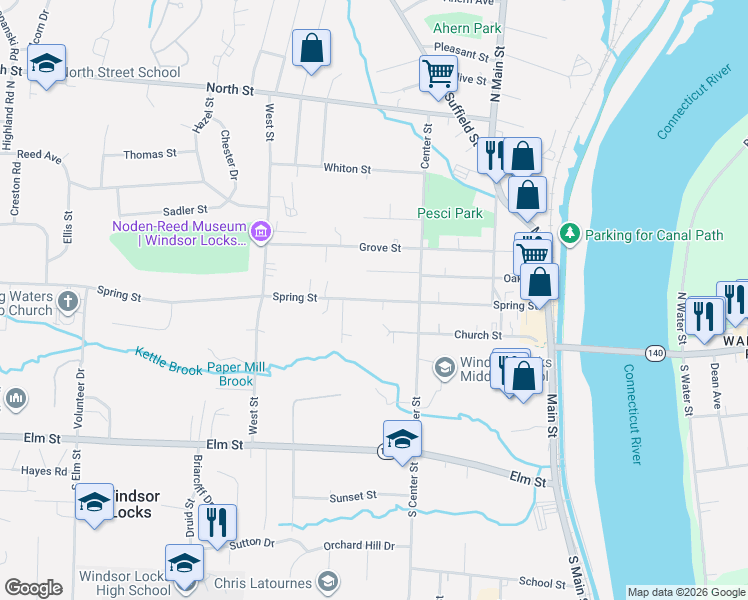 map of restaurants, bars, coffee shops, grocery stores, and more near 89 Spring Street in Windsor Locks