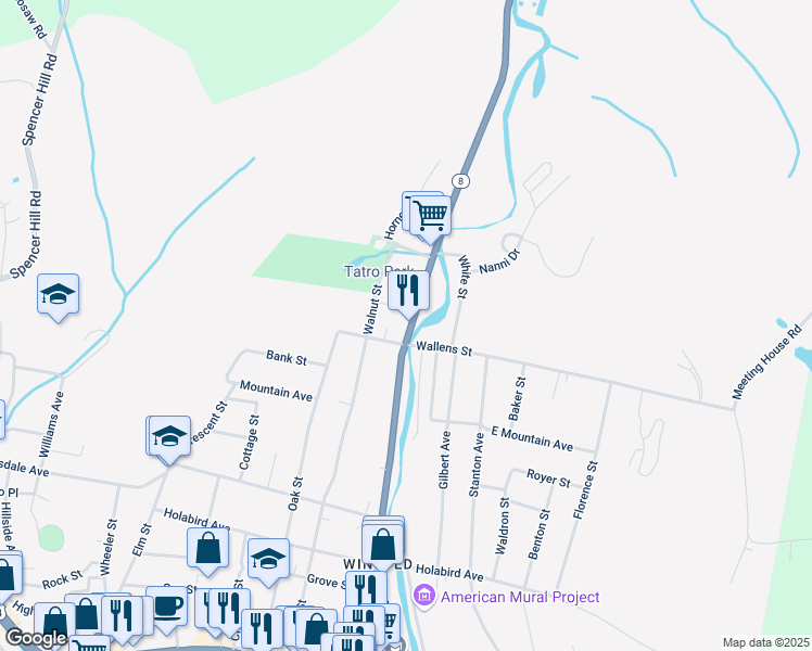 map of restaurants, bars, coffee shops, grocery stores, and more near 289 North Main Street in Winsted