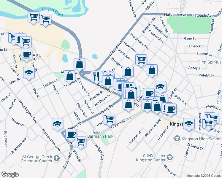 map of restaurants, bars, coffee shops, grocery stores, and more near 7 Downs St in Kingston