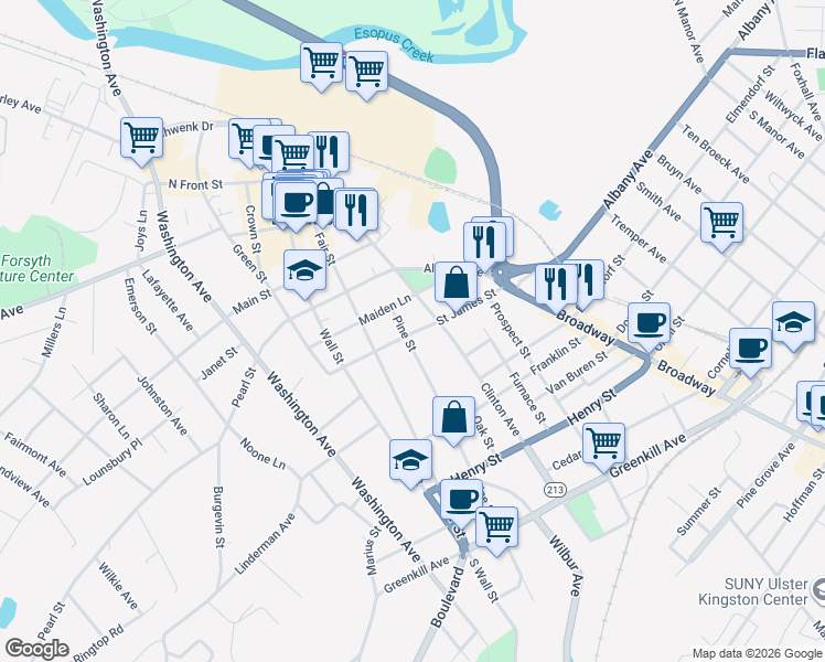 map of restaurants, bars, coffee shops, grocery stores, and more near 79 Saint James Street in Kingston