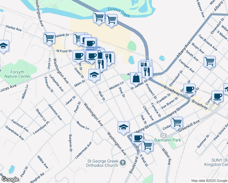 map of restaurants, bars, coffee shops, grocery stores, and more near 72 Maiden Lane in Kingston