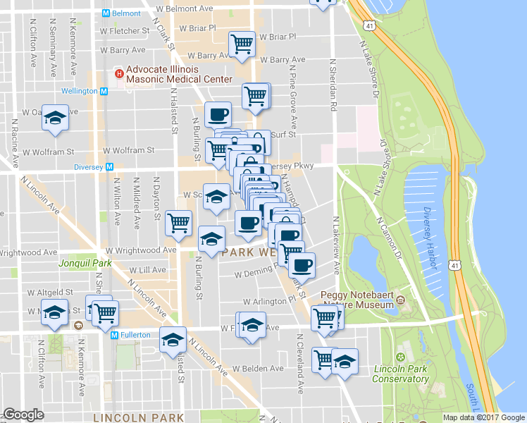 map of restaurants, bars, coffee shops, grocery stores, and more near 2649 North Clark Street in Chicago