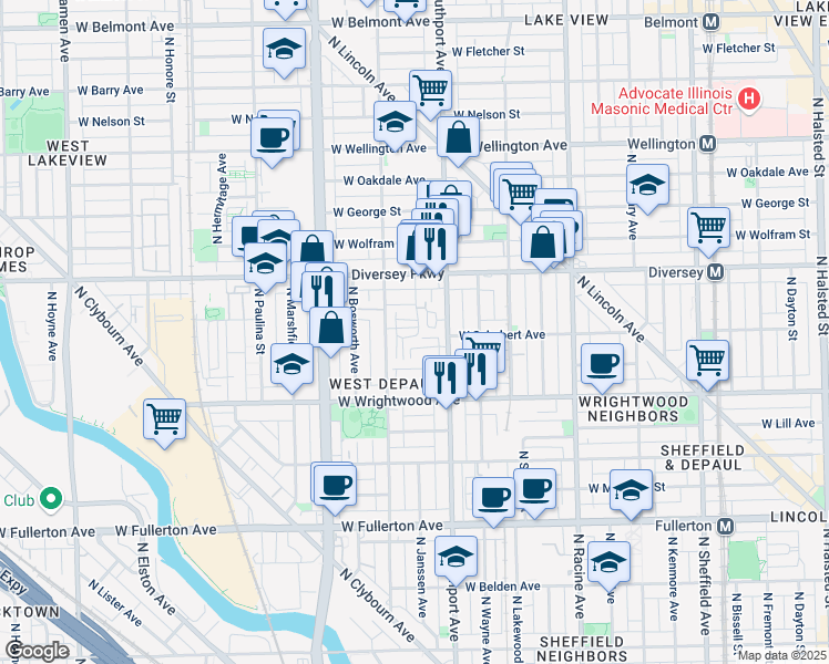 map of restaurants, bars, coffee shops, grocery stores, and more near 2707 North Janssen Avenue in Chicago