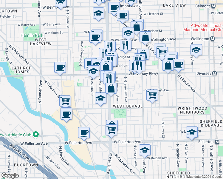 map of restaurants, bars, coffee shops, grocery stores, and more near in Chicago