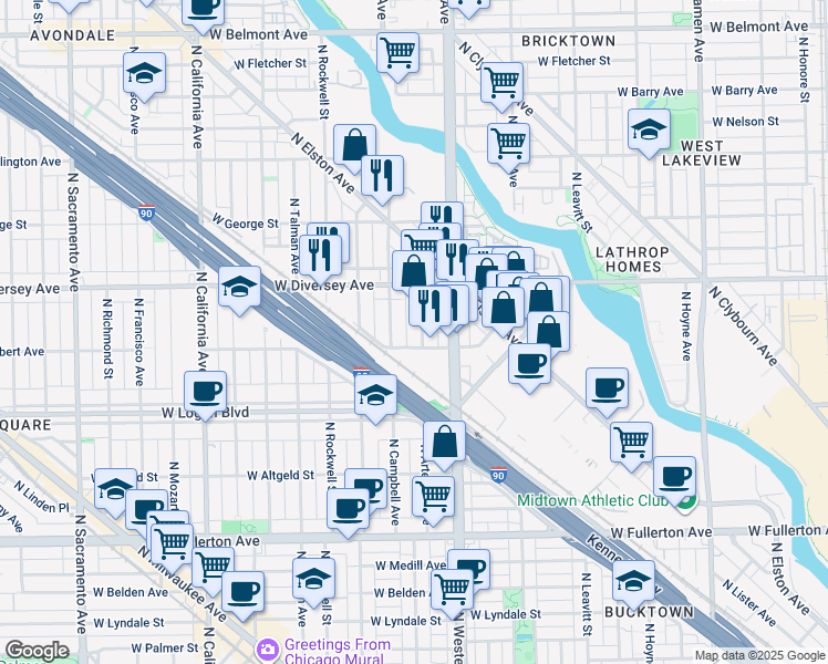 map of restaurants, bars, coffee shops, grocery stores, and more near 2721 North Campbell Avenue in Chicago