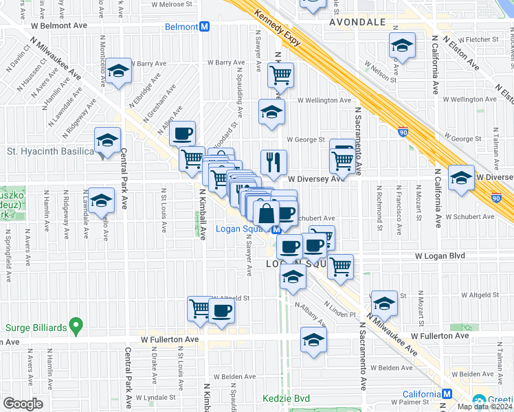 map of restaurants, bars, coffee shops, grocery stores, and more near 2716 North Sawyer Avenue in Chicago