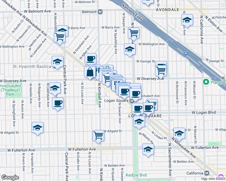 map of restaurants, bars, coffee shops, grocery stores, and more near 2746 North Milwaukee Avenue in Chicago