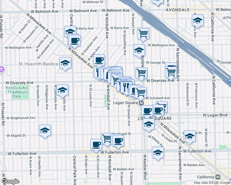 map of restaurants, bars, coffee shops, grocery stores, and more near 2746 North Milwaukee Avenue in Chicago