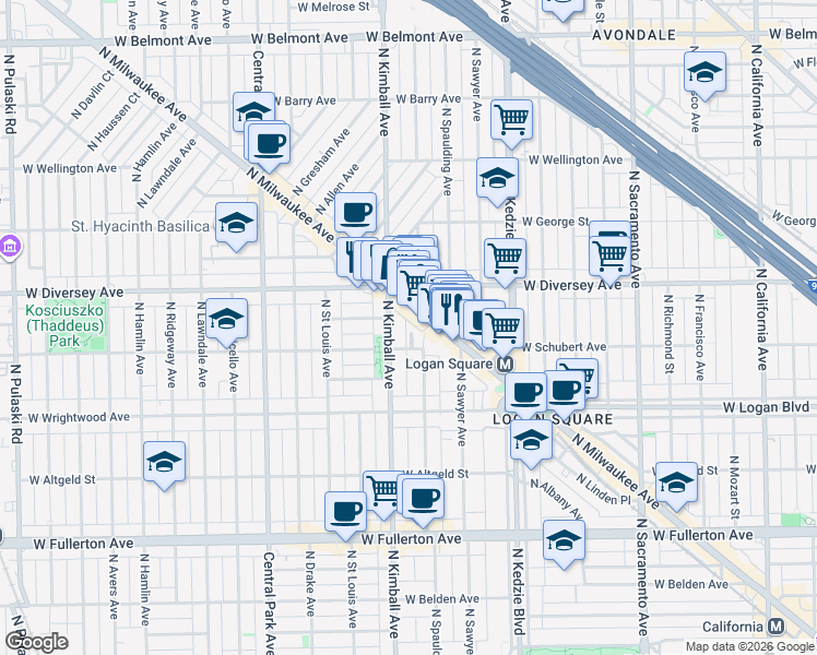 map of restaurants, bars, coffee shops, grocery stores, and more near 2746 North Milwaukee Avenue in Chicago