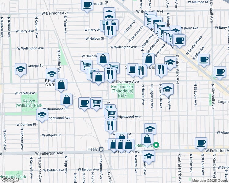 map of restaurants, bars, coffee shops, grocery stores, and more near 2734 North Harding Avenue in Chicago