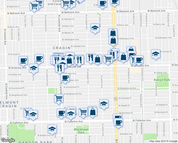 map of restaurants, bars, coffee shops, grocery stores, and more near 2747 North Lavergne Avenue in Chicago