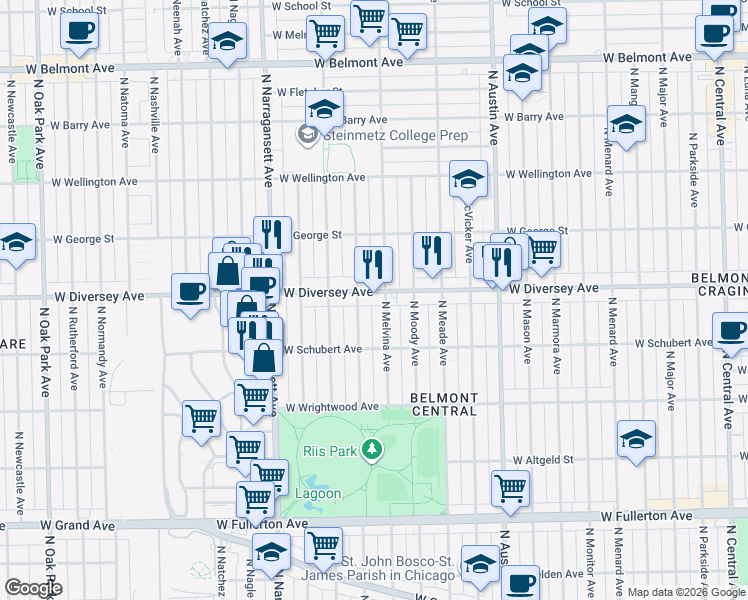 map of restaurants, bars, coffee shops, grocery stores, and more near 6215 West Diversey Avenue in Chicago