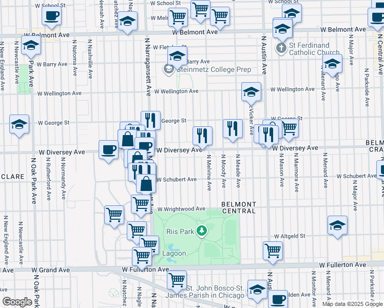 map of restaurants, bars, coffee shops, grocery stores, and more near 6215 West Diversey Avenue in Chicago