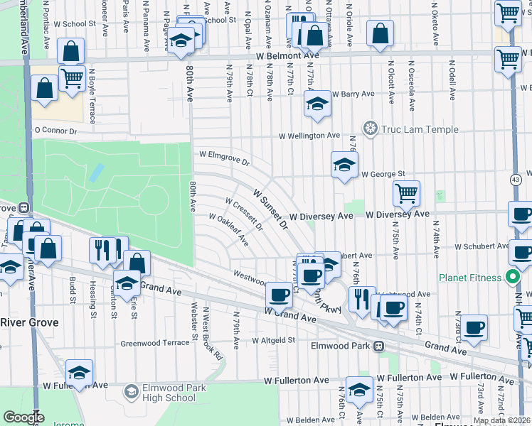 map of restaurants, bars, coffee shops, grocery stores, and more near 7817 West Sunset Drive in Elmwood Park
