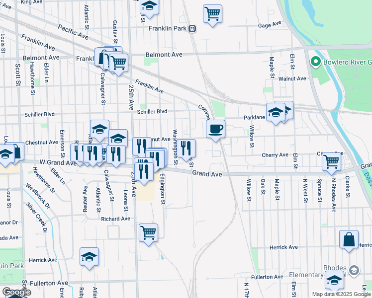 map of restaurants, bars, coffee shops, grocery stores, and more near 9407 Chestnut Avenue in Franklin Park