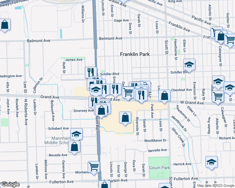 map of restaurants, bars, coffee shops, grocery stores, and more near 10237 Chestnut Avenue in Franklin Park