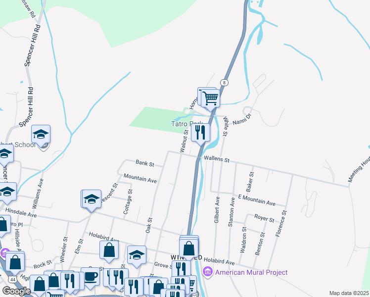 map of restaurants, bars, coffee shops, grocery stores, and more near 272 Walnut Street in Winsted