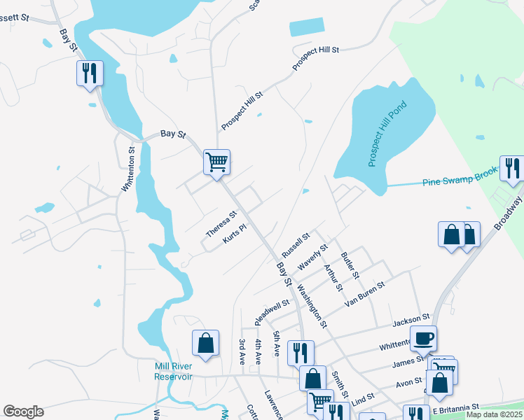 map of restaurants, bars, coffee shops, grocery stores, and more near 11 Hoffman Street in Taunton
