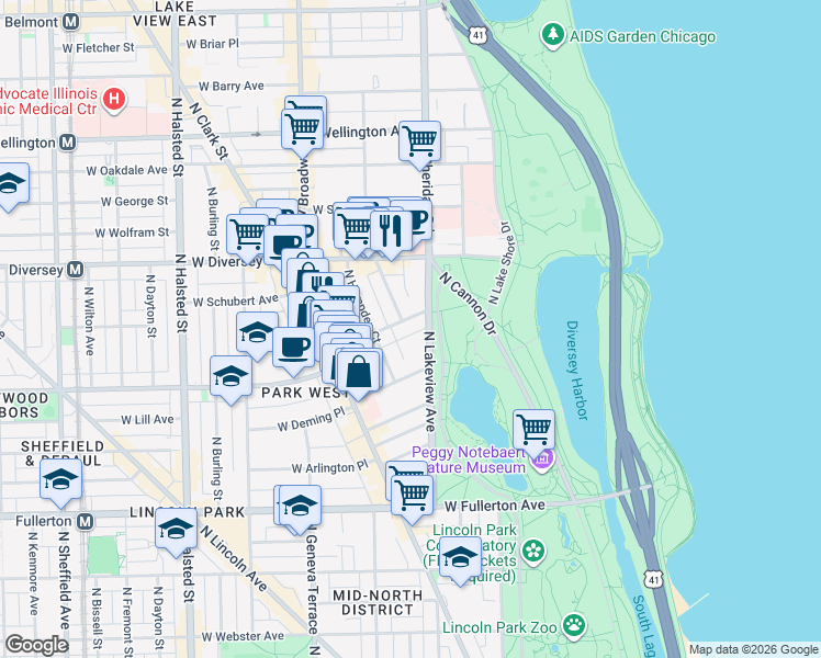 map of restaurants, bars, coffee shops, grocery stores, and more near 2650 North Lakeview Avenue in Chicago
