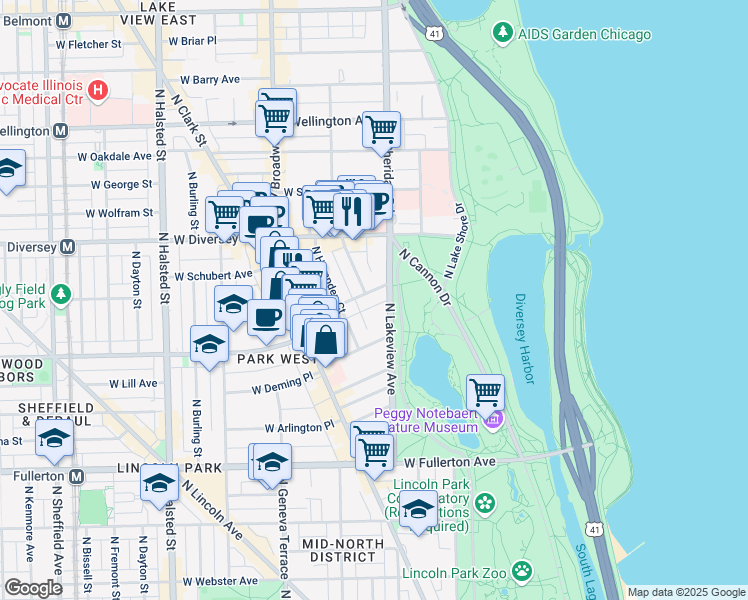 map of restaurants, bars, coffee shops, grocery stores, and more near 2650 North Lakeview Avenue in Chicago