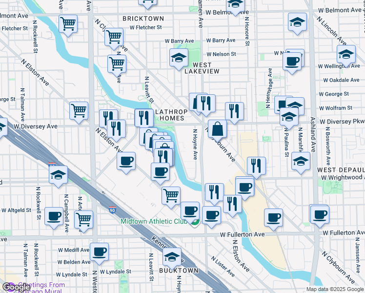 map of restaurants, bars, coffee shops, grocery stores, and more near 2717 North Leavitt Street in Chicago