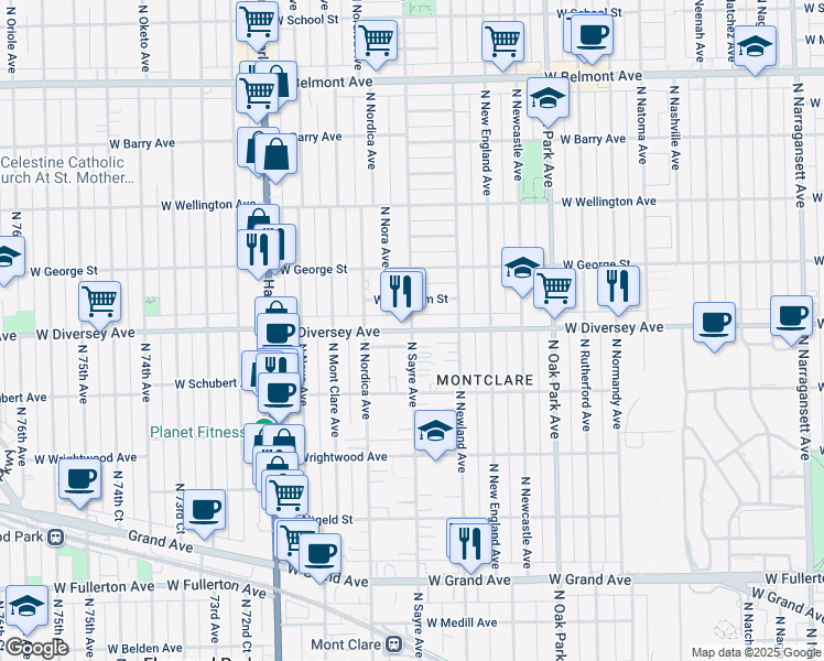 map of restaurants, bars, coffee shops, grocery stores, and more near W Diversey Ave & N Sayre Ave in Chicago