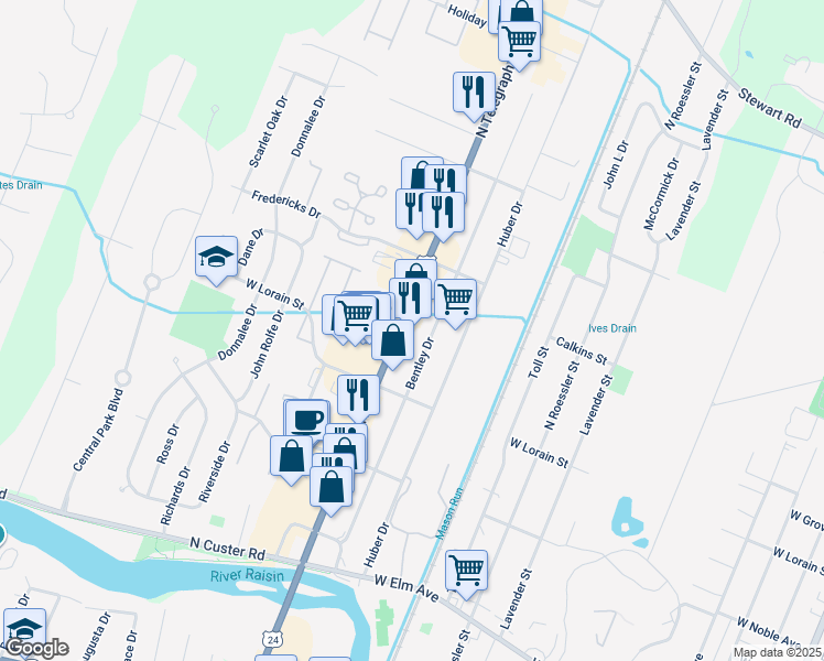 map of restaurants, bars, coffee shops, grocery stores, and more near 610 North Telegraph Road in Monroe