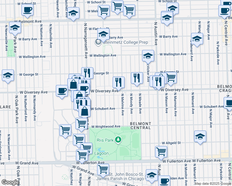 map of restaurants, bars, coffee shops, grocery stores, and more near 6215 West Diversey Avenue in Chicago