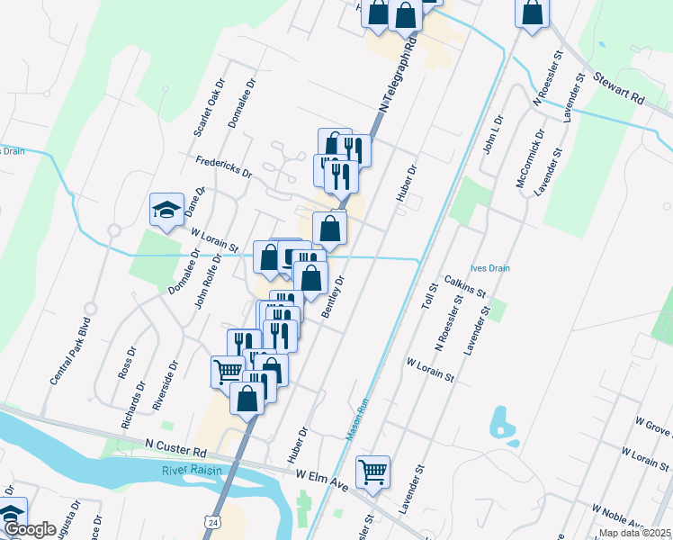 map of restaurants, bars, coffee shops, grocery stores, and more near 610 North Telegraph Road in Monroe