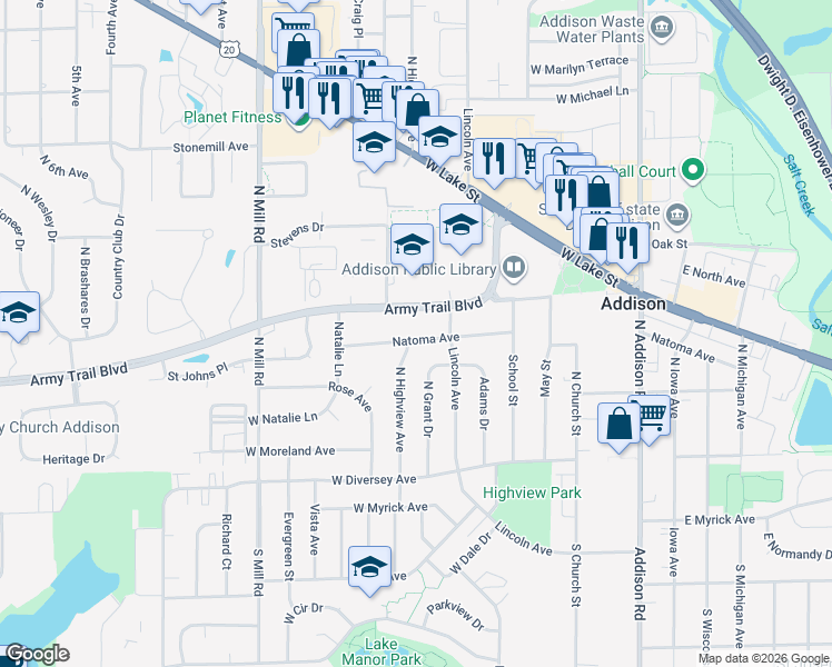 map of restaurants, bars, coffee shops, grocery stores, and more near 340 Natoma Avenue in Addison