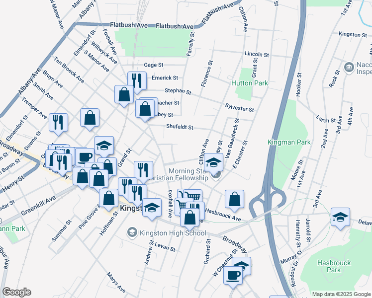 map of restaurants, bars, coffee shops, grocery stores, and more near 21 Wynkoop Place in Kingston