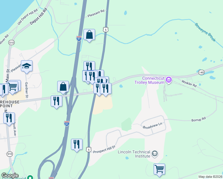 map of restaurants, bars, coffee shops, grocery stores, and more near 14 North Road in East Windsor