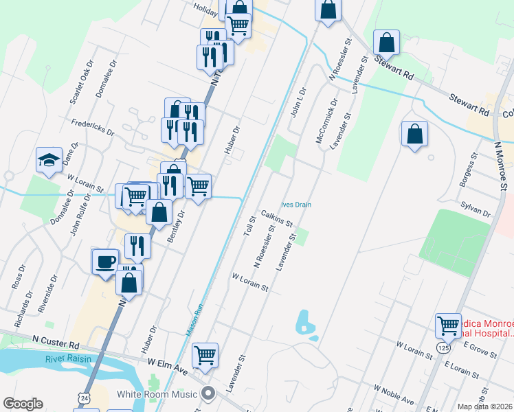 map of restaurants, bars, coffee shops, grocery stores, and more near 710 Toll Street in Monroe