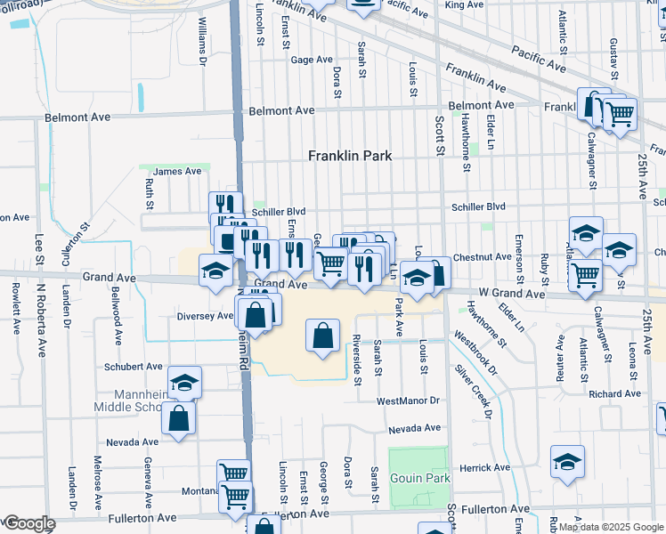 map of restaurants, bars, coffee shops, grocery stores, and more near 10209 Chestnut Avenue in Franklin Park