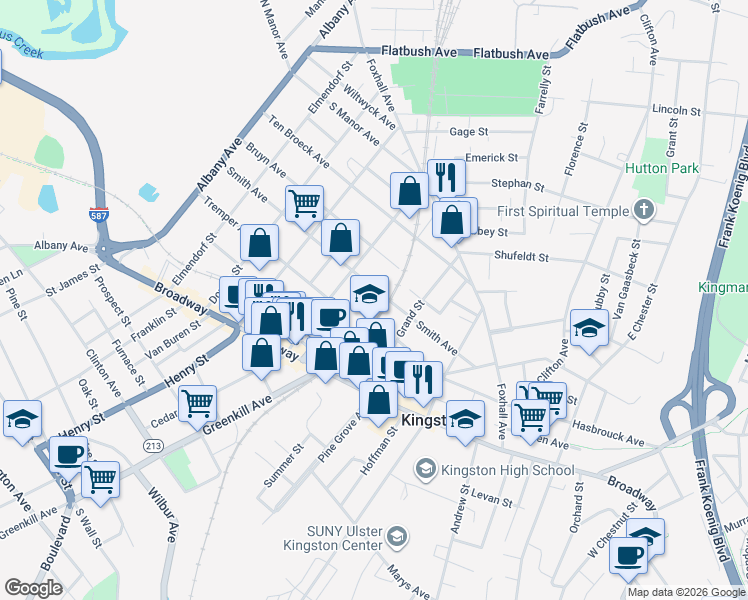 map of restaurants, bars, coffee shops, grocery stores, and more near 101 Smith Avenue in Kingston
