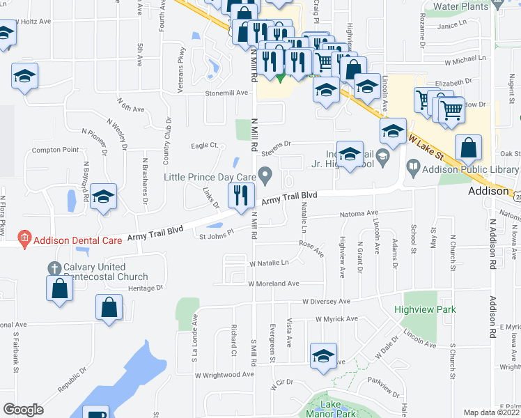 map of restaurants, bars, coffee shops, grocery stores, and more near 539 West Army Trail Boulevard in Addison