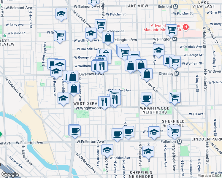 map of restaurants, bars, coffee shops, grocery stores, and more near 2700 North Wayne Avenue in Chicago