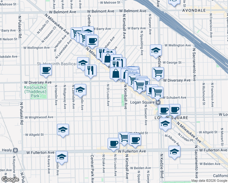 map of restaurants, bars, coffee shops, grocery stores, and more near 3439 West Parker Avenue in Chicago