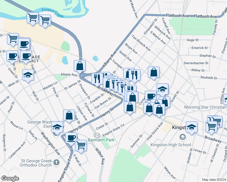 map of restaurants, bars, coffee shops, grocery stores, and more near 7 Downs Street in Kingston