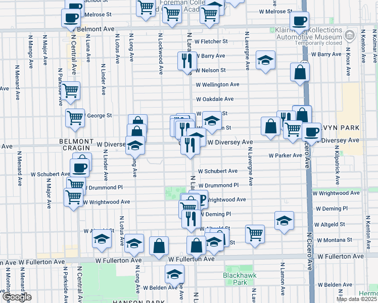 map of restaurants, bars, coffee shops, grocery stores, and more near 2742 North Laramie Avenue in Chicago