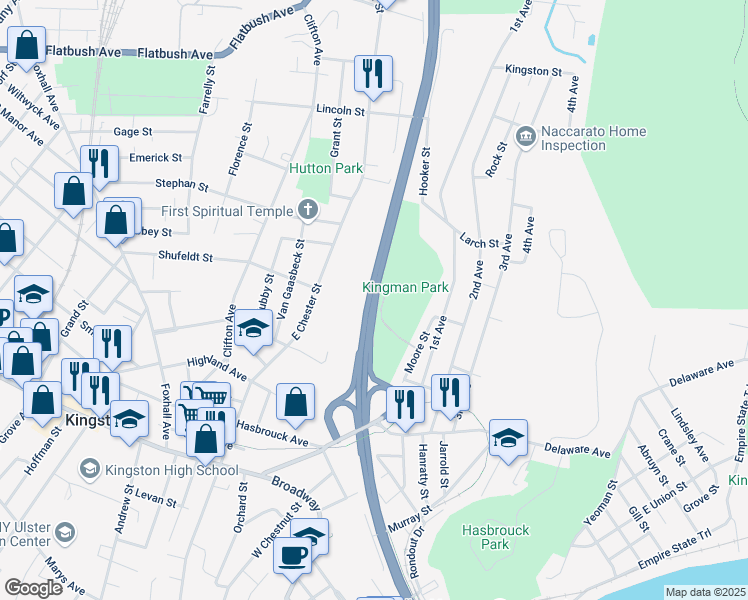map of restaurants, bars, coffee shops, grocery stores, and more near Frank Koenig Boulevard in Kingston