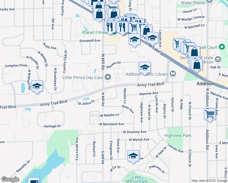 map of restaurants, bars, coffee shops, grocery stores, and more near 210 Memory Lane in Addison