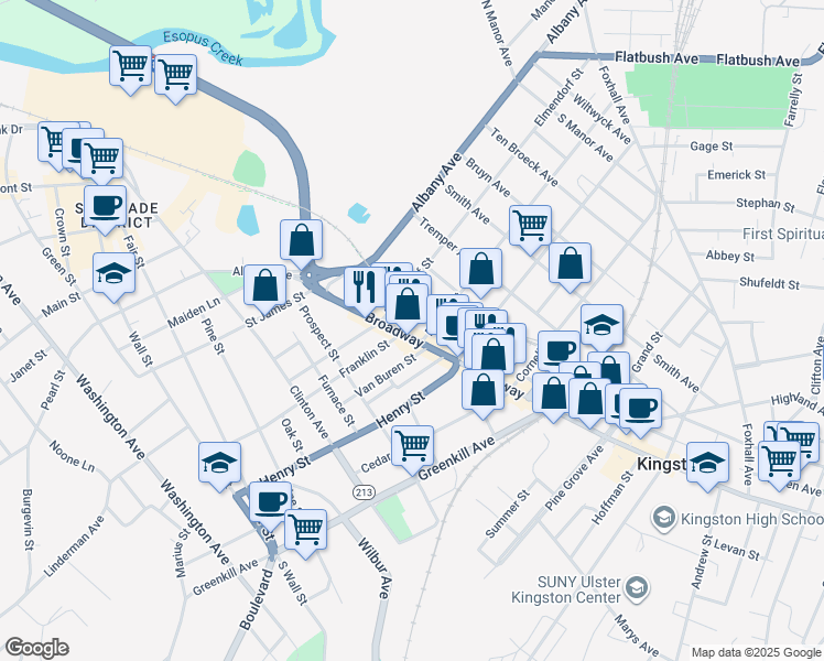 map of restaurants, bars, coffee shops, grocery stores, and more near 7 Downs St in Kingston
